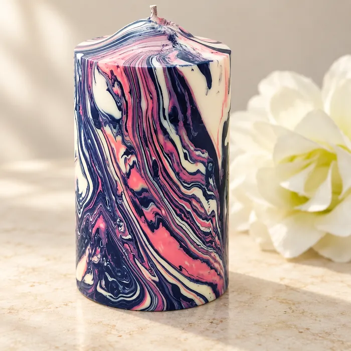 Marbled pillar candle swirled in pink, navy and cream