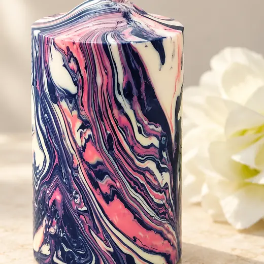 Marbled pillar candle in pink, navy and cream