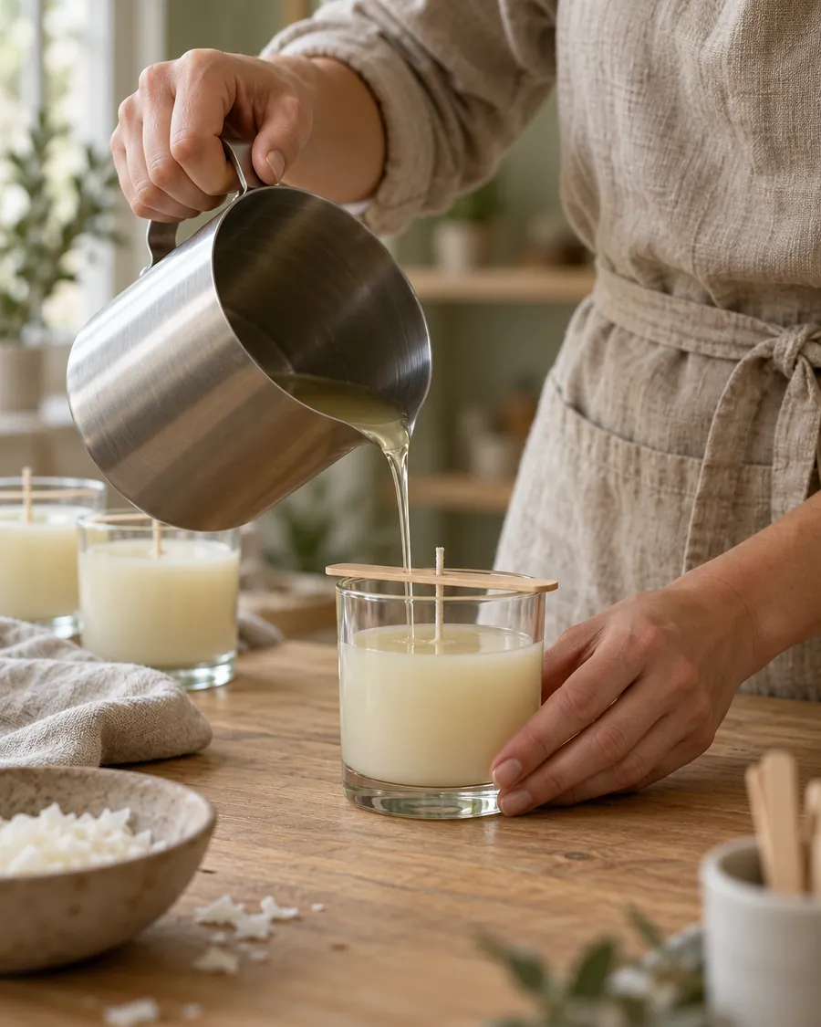 Melted soy wax being poured by hand from a steel jug into a glass candle jar