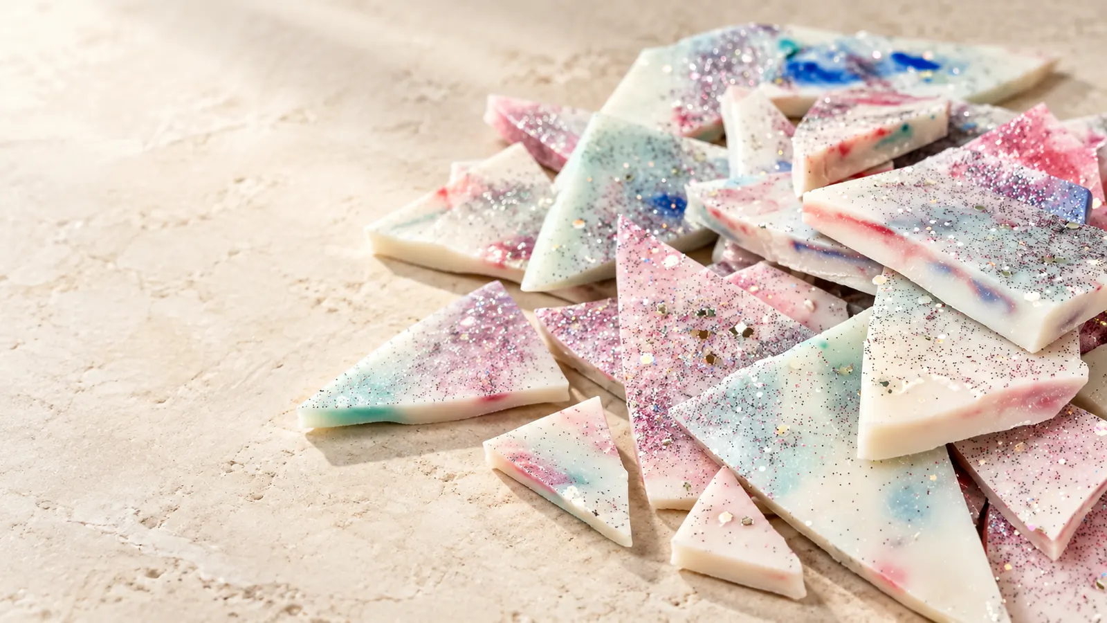 Shards of hand-poured wax brittle in pink, blue and cream, scattered with glitter on a pale stone surface