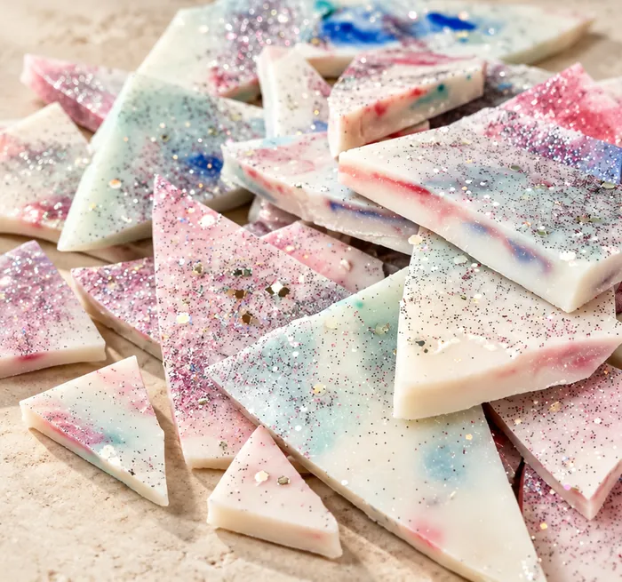 Pieces of glittered wax brittle in pink, blue and cream