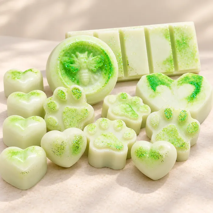 Scented soy wax melts shaped as hearts and paws with fine green glitter